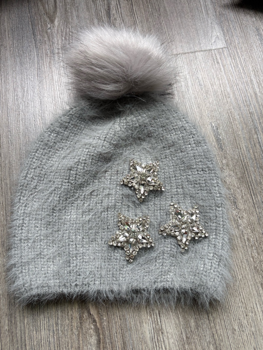 Express Light Gray Knit Pom Beanie with Rhinestone Star Accents